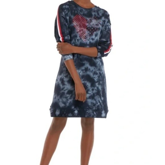 Tommy Hilfiger Blue Tie Dye Red Heart Side Stripe Sweatshirt Dress size L baddie - Picture 4 of 16